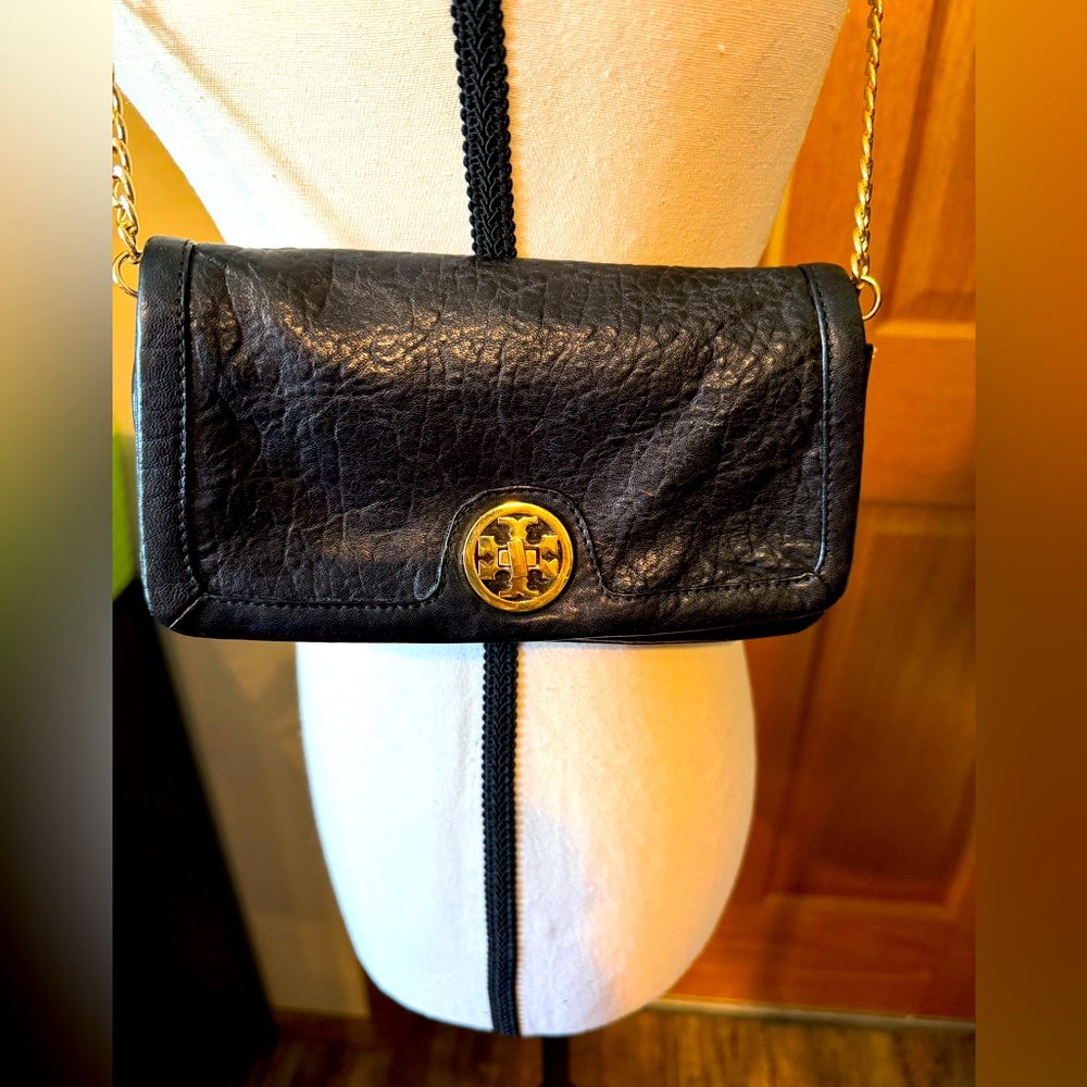 Tory Burch Black Leather Clutch with Gold Accents - Picture 1 of 16